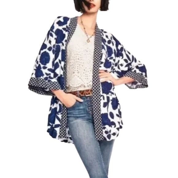 CAbi | #5661 Blue & White Floral Kimono Open Front Jacket - Size: M/L - Picture 1 of 10